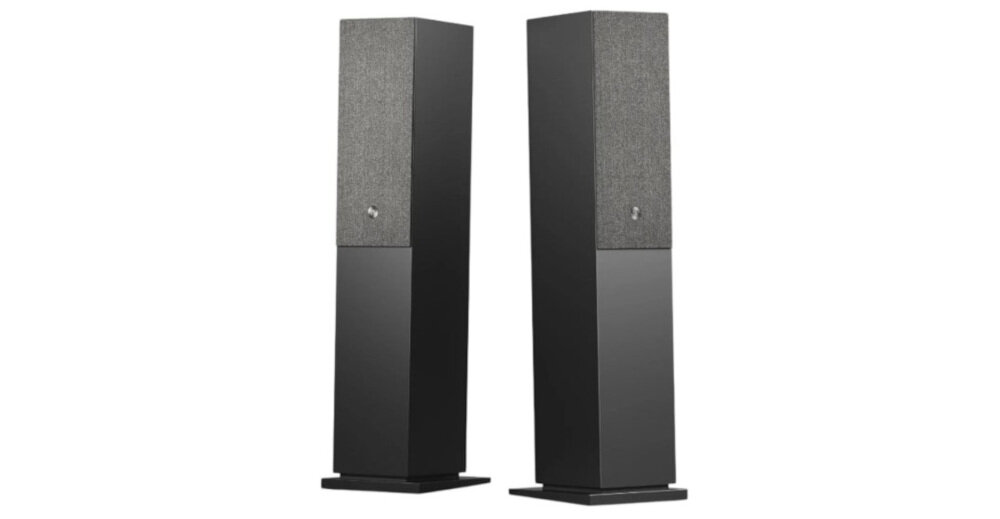 Kolumna AUDIO PRO A48 pasmo 30-20000 Hz, bogate brzmienie, kolumny po skosie na białym tle