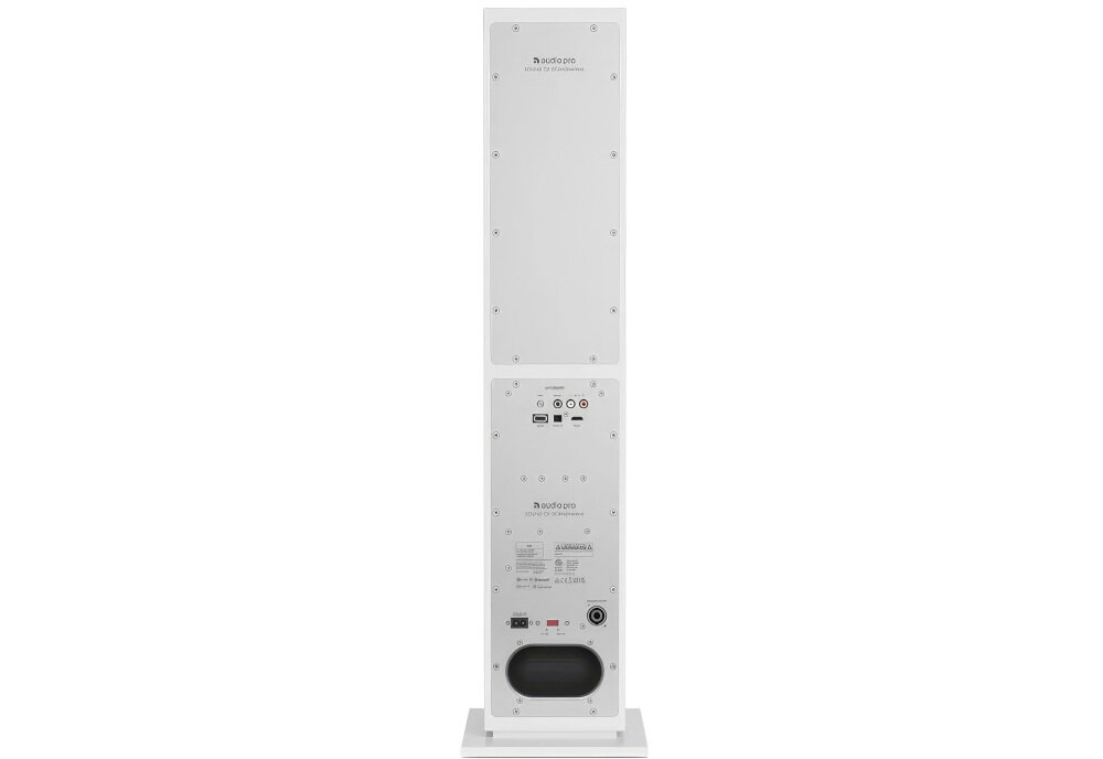 Kolumna AUDIO PRO A48 MDF biała lub czarna, fronty tkanina, elegancki design, kolumna od tyłu na białym tle