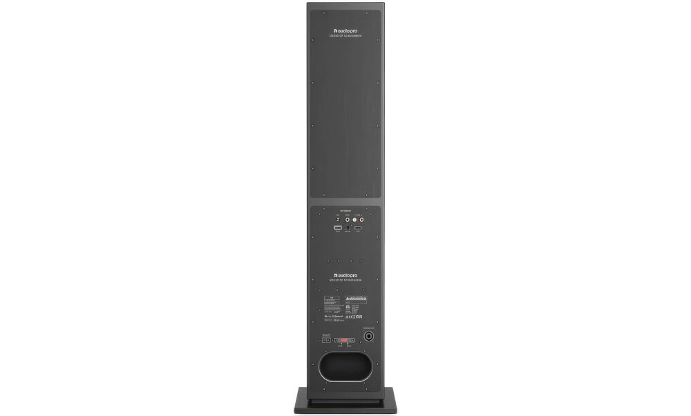 Kolumna AUDIO PRO A48 MDF biała lub czarna, fronty tkanina, elegancki design, kolumna od tyłu na białym tle