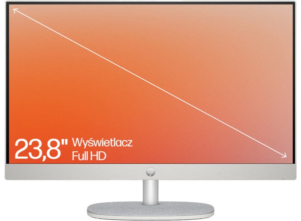 Komputer All in One HP 24-cr0332nw Monitor komputera All in One z ekranem o przekątnej 23,8 cala, wyświetlający napis \'23,8\ Wyświetlacz Full HD\. Na dolnej ramce widoczne jest logo producenta.