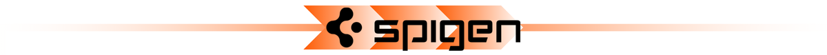 Logo Spigen na tle z pomarańczowymi gradientowymi paskami.