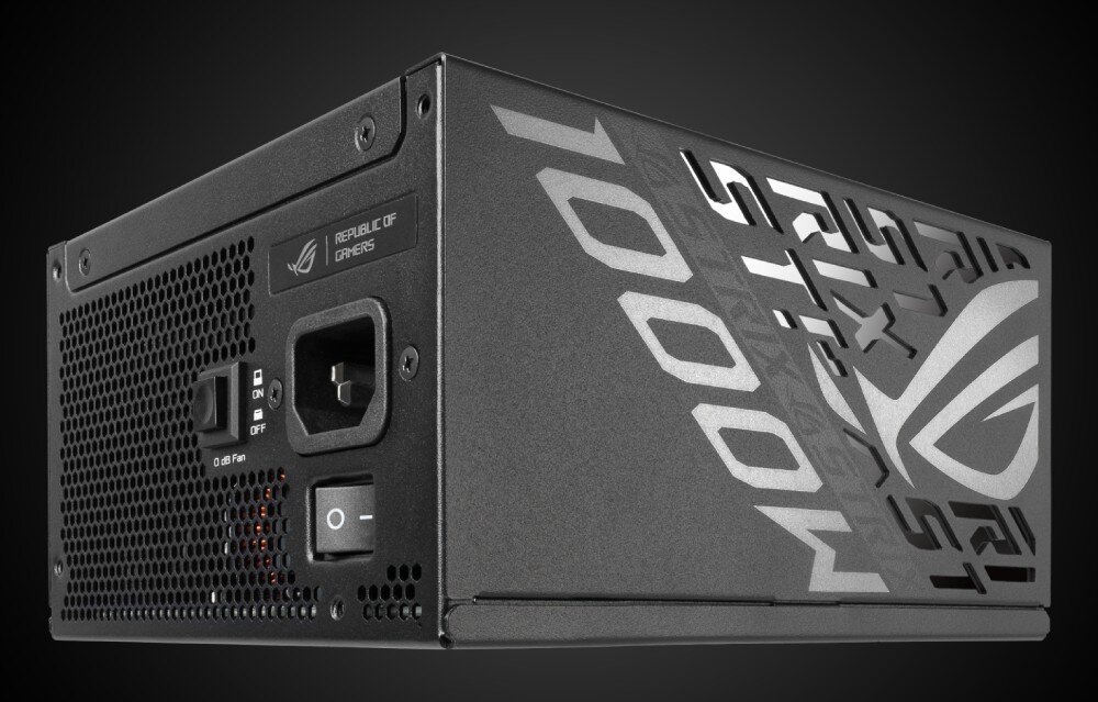 Zasilacz ASUS ROG Strix 1000W Zasilacz komputerowy ukazujący tylny panel z gniazdem zasilania, włącznikiem, przyciskiem trybu wentylatora oraz perforowaną siatką chłodzącą
