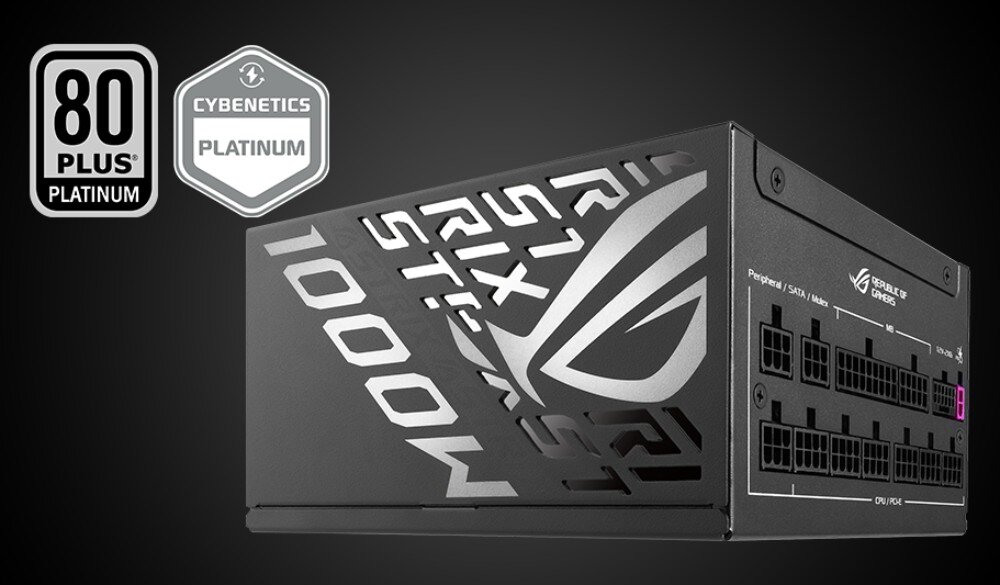 Zasilacz ASUS ROG Strix 1000W Zasilacz komputerowy z widocznymi gniazdami modułowymi oraz dwoma logo certyfikatów '80 PLUS Platinum' i 'CYBENETICS Platinum'