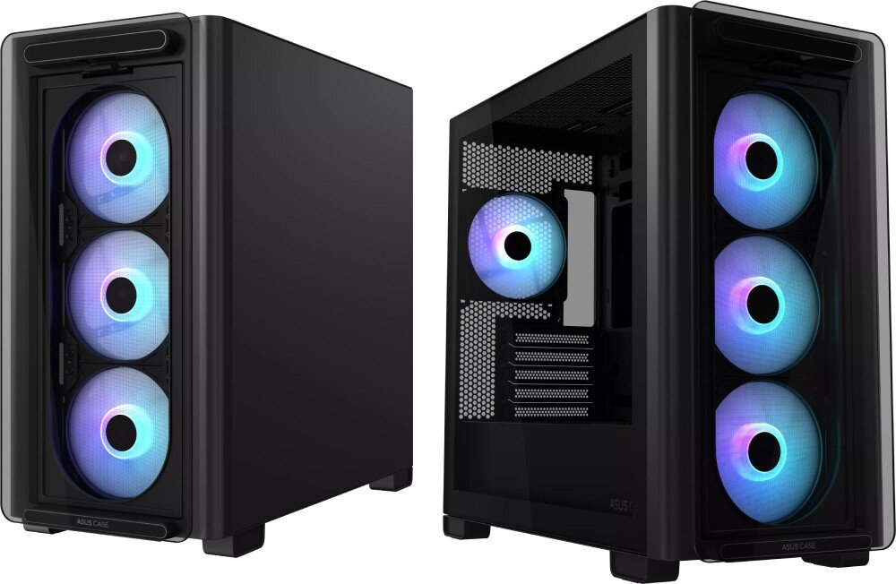 Obudowa ASUS A23 Plus Dwie czarne obudowy komputerowe pokazane pod kątem z podświetlonymi na niebiesko i fioletowo wentylatorami na przednim panelu oraz z tyłu