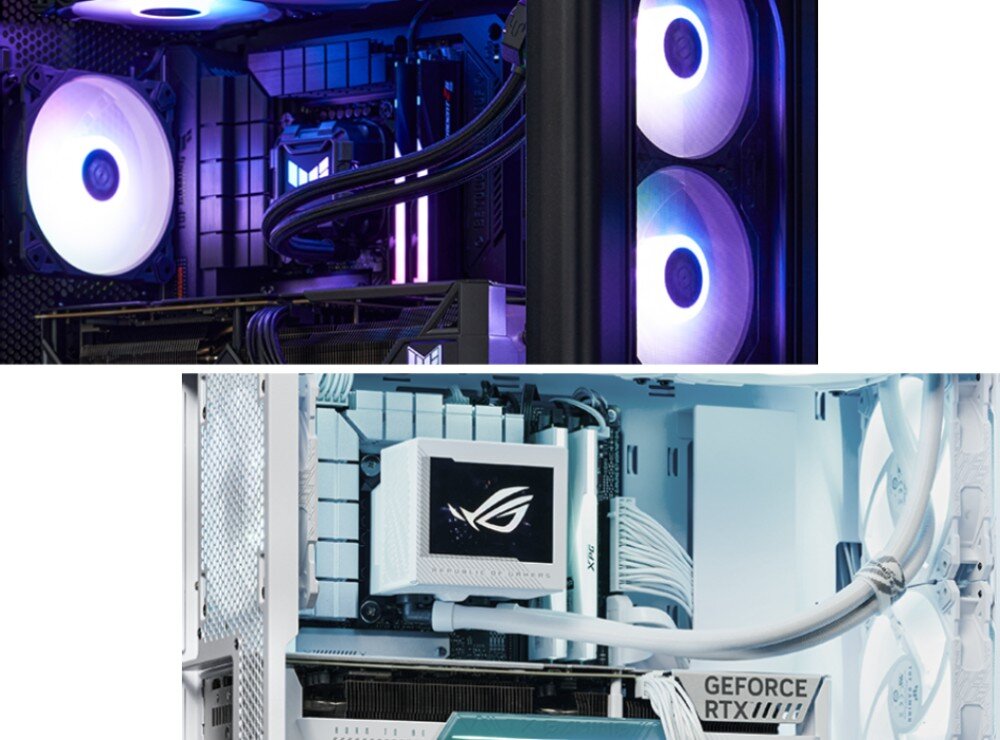 Obudowa ASUS A23 Plus Zestawienie dwóch zdjęć wnętrza obudowy w wersji czarnej z ciemnym chłodzeniem i fioletowym światłem oraz wersji białej z jasnymi komponentami