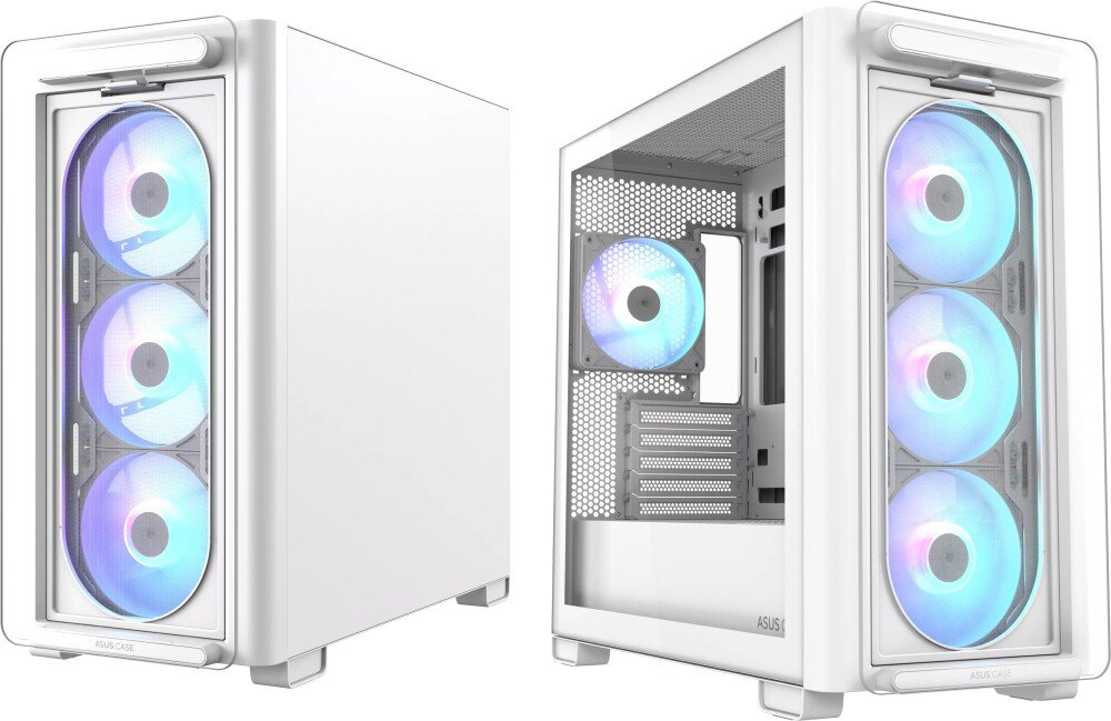 Obudowa ASUS A23 Plus Dwie obudowy komputerowe pokazane pod kątem z podświetlonymi na niebiesko i fioletowo wentylatorami na przednim panelu oraz z tyłu
