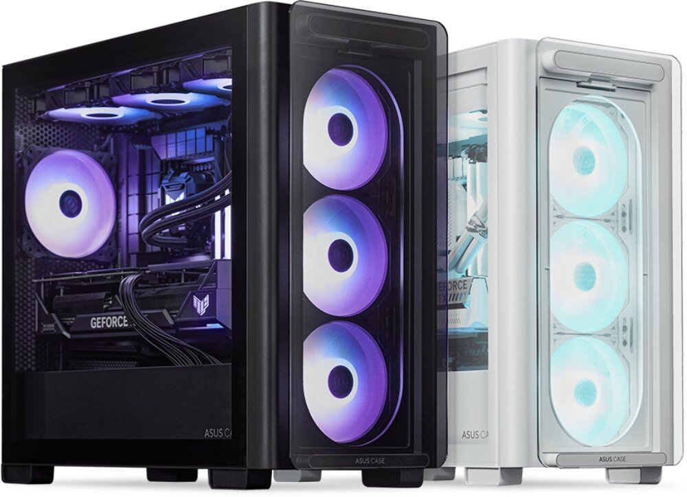 Obudowa ASUS A23 Plus Czarna oraz biała obudowa komputerowa ustawione obok siebie z widocznymi przez szklane panele pracującymi podzespołami i kolorowym oświetleniem
