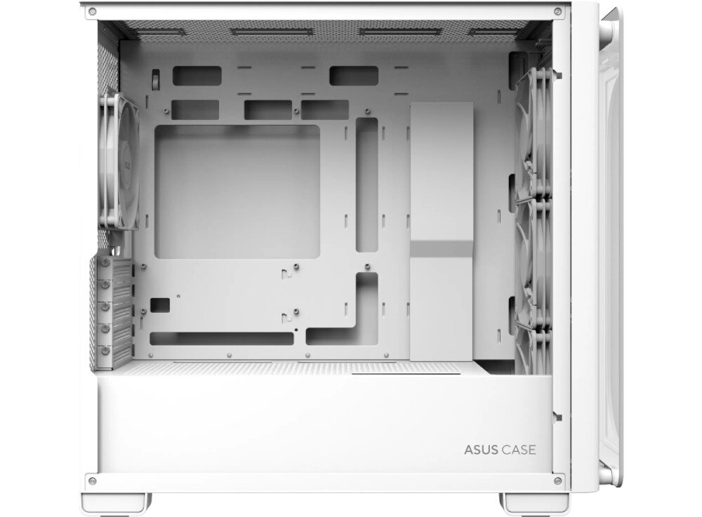 Obudowa ASUS A23 Plus Puste wnętrze obudowy komputerowej z widocznymi miejscami na podzespoły oraz czterema fabrycznie zamontowanymi wentylatorami