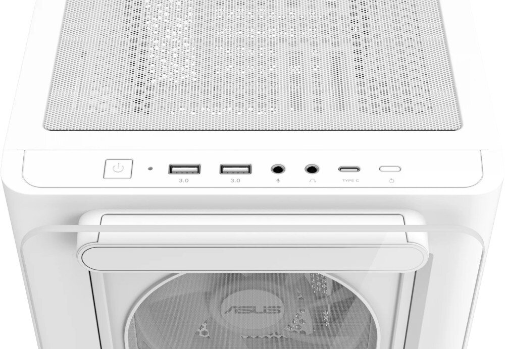 Obudowa ASUS A23 Plus Panel sterowania na górze obudowy komputerowej z przyciskami, portami USB, gniazdami audio oraz złączem opisanym jako 'TYPE C'