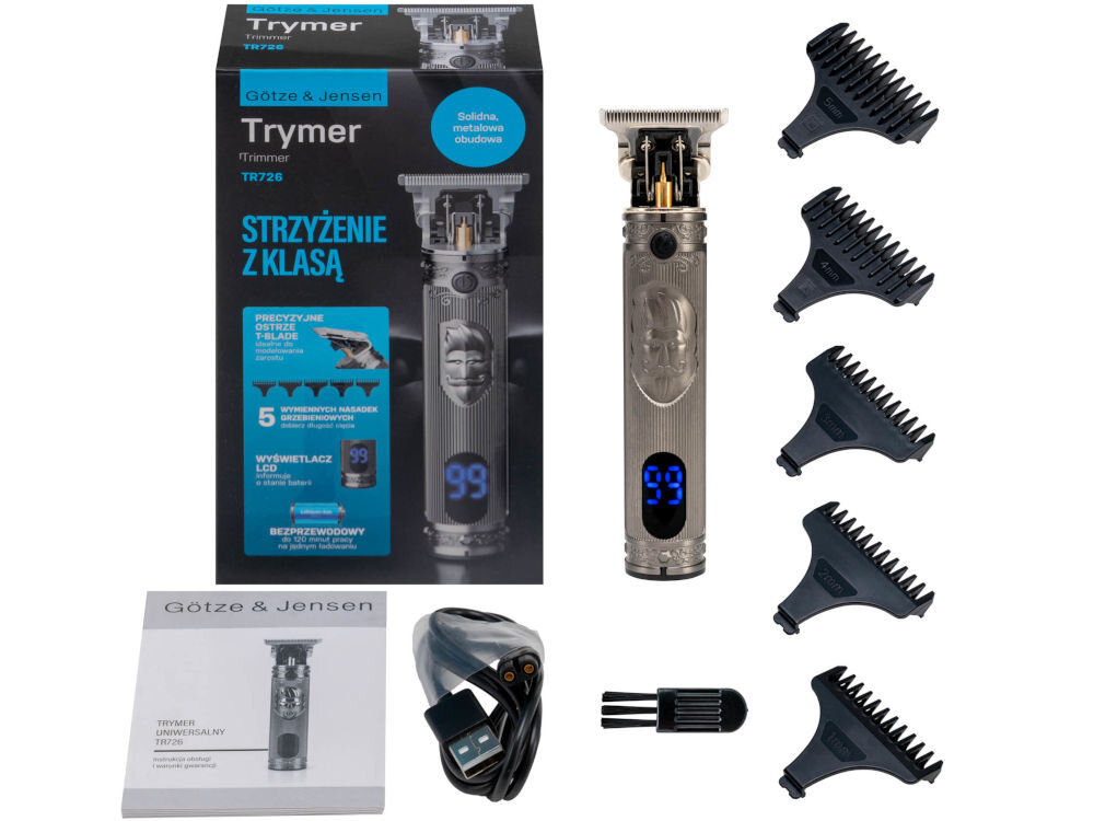 Trymer GÖTZE & JENSEN TR726 Zawartość zestawu trymera Götze & Jensen TR726: urządzenie, 5 nasadek grzebieniowych, kabel USB, szczoteczka, instrukcja i opakowanie