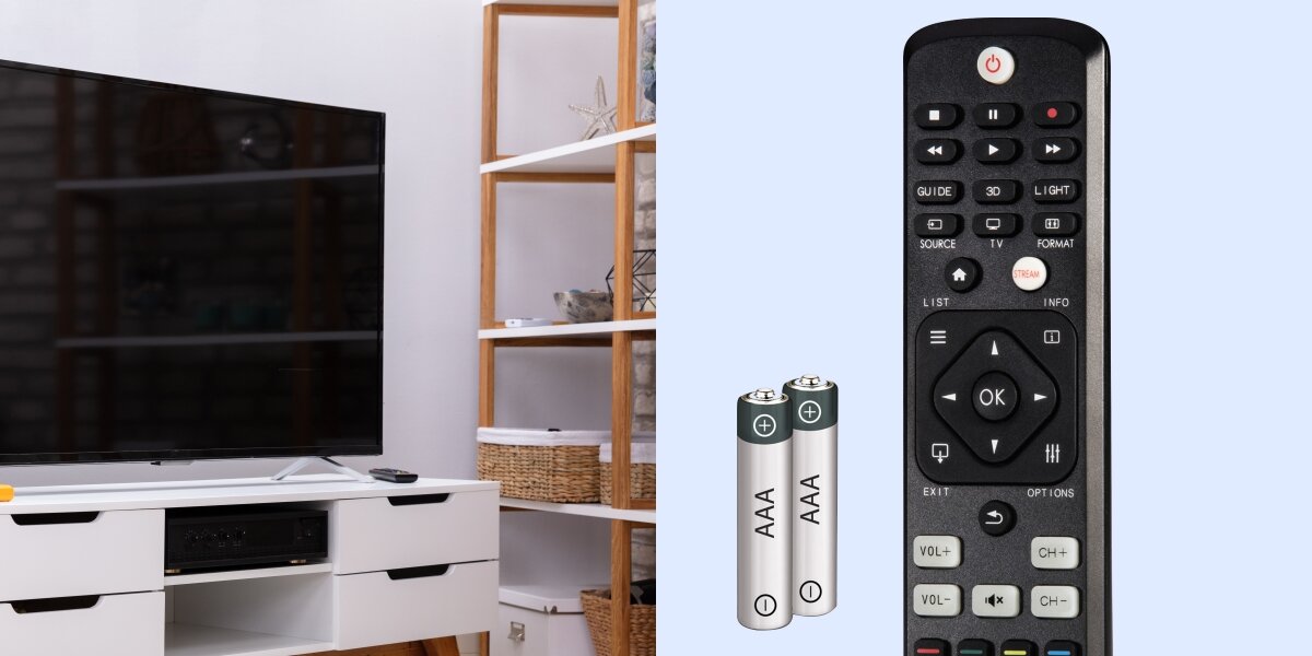 Pilot uniwersalny HAMA 221063 do TV Philips - Dodatkowe funkcje, funkcja pamięci, pilot z bateriami AAA, telewizor stojący na komodzie