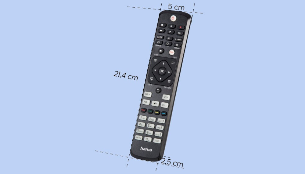 Pilot uniwersalny HAMA 221063 do TV Philips - Ekologiczne materiały, pilot pod skosem na niebieskim tle