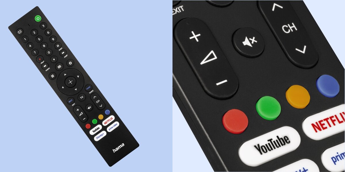 Pilot uniwersalny HAMA 221066 do TV Sony - Szybki dostęp aplikacji, dedykowane przyciski, pilot pod skosem na niebieskim tle