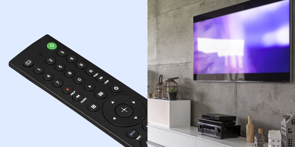 Pilot uniwersalny HAMA 221066 do TV Sony - Nauka funkcji pilota, tryb uczenia, pilot pod skosem na niebieskim tle, telewizor zawieszony na ścianie