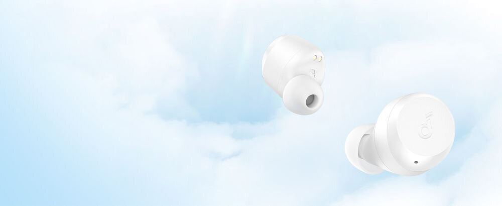 Słuchawki dokanałowe SOUNDCORE A25i lekkie ergonomiczne komfortowe dopasowanie, słuchawki dokanałowe na błękitno białym tle