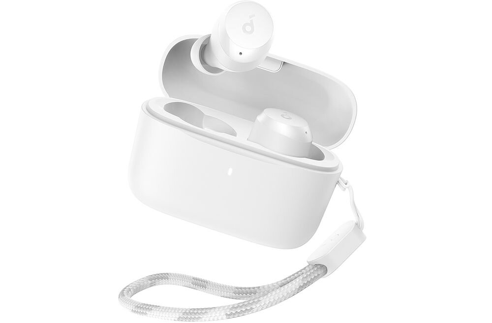 Słuchawki dokanałowe SOUNDCORE A25i tryb pojedynczej słuchawki praca rozmowy, słuchawki dokanałowe z etui ładującym po skosie na białym tle