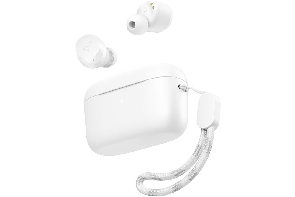 Słuchawki dokanałowe SOUNDCORE A25i wodoodporność IPX5 trwałość dynamiczne membrany, słuchawki dokanałowe z etui ładującym po skosie na białym tle