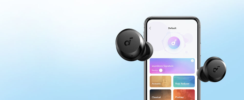 Słuchawki dokanałowe SOUNDCORE A25i ustawienia korektora aplikacja Soundcore, słuchawki dokanałowe oraz smartfon na błękitnym tle