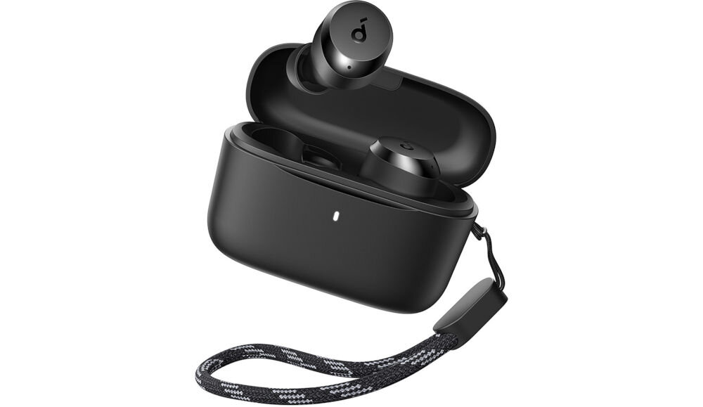 Słuchawki dokanałowe SOUNDCORE A25i tryb pojedynczej słuchawki praca rozmowy, słuchawki dokanałowe z etui ładującym po skosie na białym tle