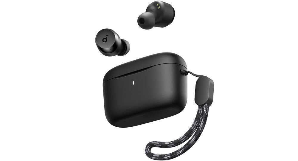 Słuchawki dokanałowe SOUNDCORE A25i wodoodporność IPX5 trwałość dynamiczne membrany, słuchawki dokanałowe z etui ładującym po skosie na białym tle