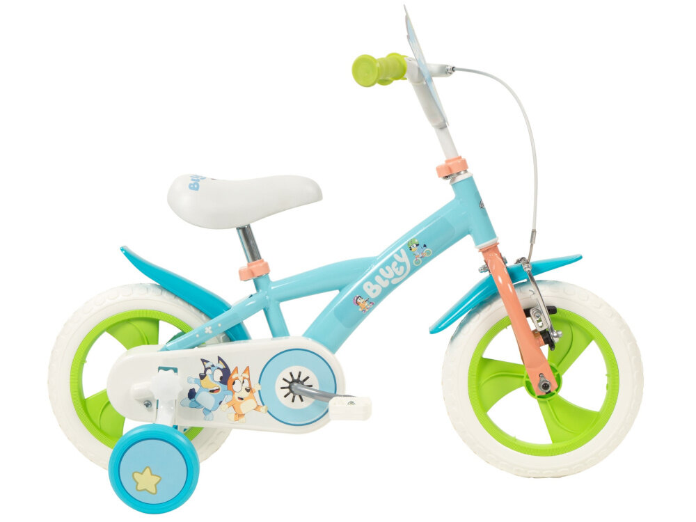 Rower dziecięcy TOIMSA Bluey 1159 12 cali Błękitno-limonkowy  rower na białym tle widoczny z boku zdjęcie na białym tle dla dzieci w wieku od 3 do 5 lat trwałość wytrzymałość mocna konstrukcja kolorowa grafika postacie z bajki Bluey