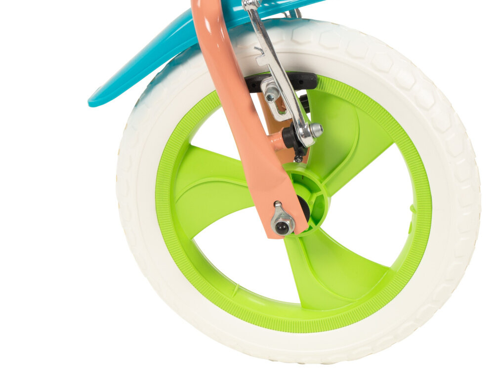 Rower dziecięcy TOIMSA Bluey 1159 12 cali Błękitno-limonkowy zbliżenie na przednie koło zdjęcie na białym tle koła z pianki EVA  w rozmiarze 12 cali mocne obręcze z wysokiej jakości tworzywa sztucznego dobra przyczepność aluminiowe obręcze zachowanie regularnego kształtu kół stabilne trzymanie opony bezpieczna jazda błotniki elegancki osłaniają odzież wygląd regularne sprawdzanie ciśnienia powietrza wartość na bocznej części opony