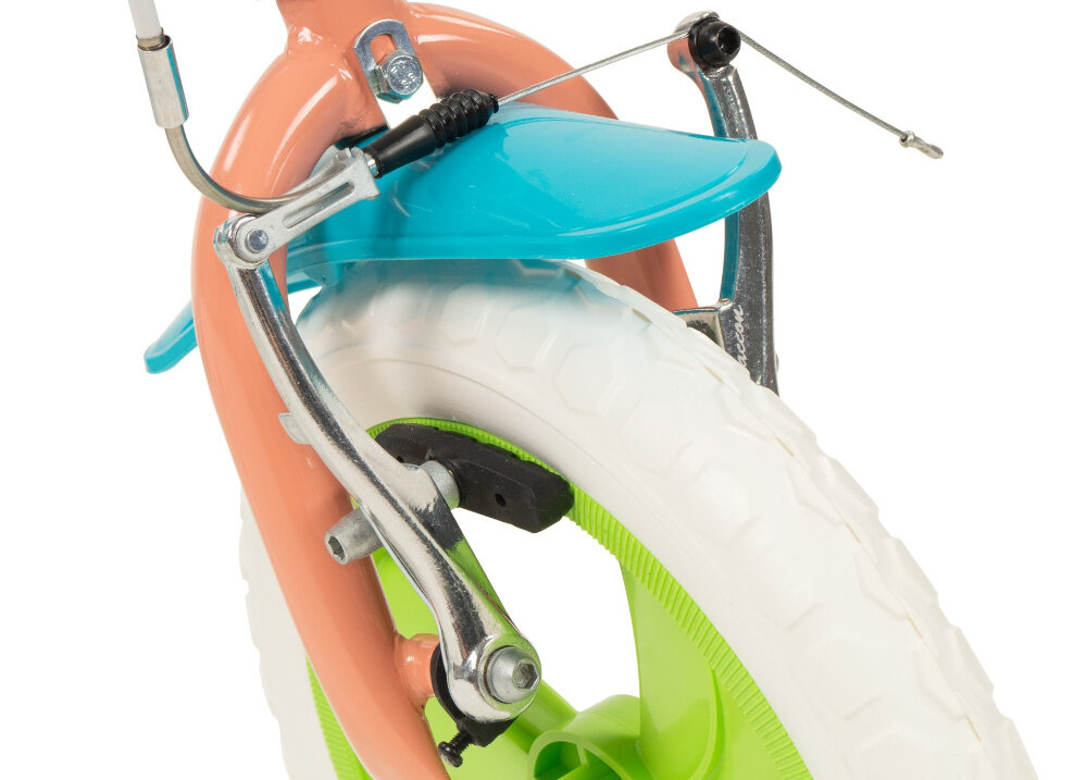 Rower dziecięcy TOIMSA Bluey 1159 12 cali Błękitno-limonkowy zbliżenie na przedni hamulec zdjęcie na białym tle podstawa bezpieczeństwa przedni hamulec V-Brake lekki duża siła hamowania