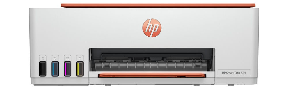 Urządzenie wielofunkcyjne HP Smart Tank 589 Druk w kolorze, Wi-Fi urządzenie na białym tle od przodu Wielofunkcyjne urządzenie HP Smart Tank 589 o estetycznym wyglądzie do biura ułatwiające zarządzanie zadaniami