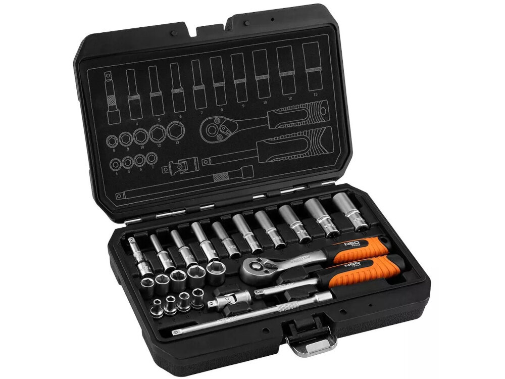 Zestaw kluczy nasadowych NEO TOOLS 10-231 23 elementy otwarta walizka na białym tle z zestawem widoczna od przodu pod skosem bez problemu zmieści się w szufladzie torbie serwisowej czy bagażniku auta do użytku w domu i w podróży