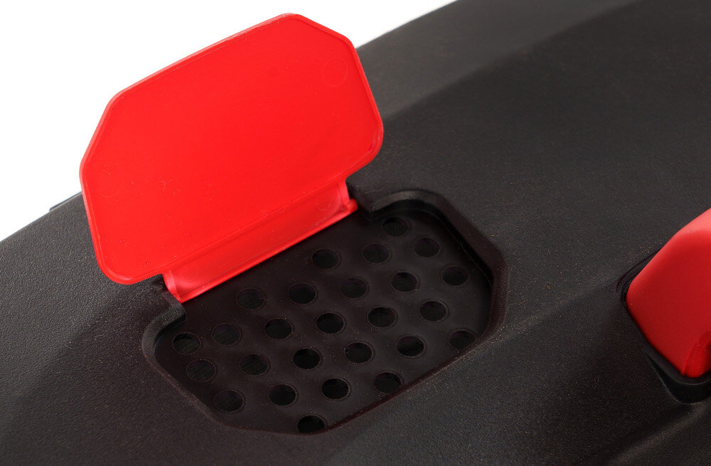 Kosiarka elektryczna NAC MEX38-E16-PB zbliżenie na wskaźnik naładowania siatkowy kosz o pojemności 42 l wskaźnik naładowania pokrywa z tworzywa sztucznego