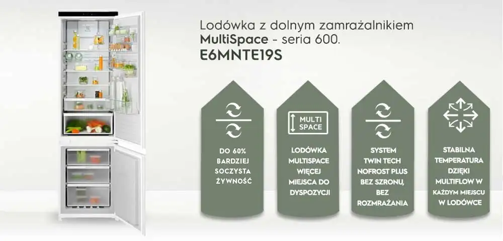 Obraz przedstawia otwartą lodówkę z dolnym zamrażalnikiem oraz cztery ikony z tekstem: \'DO 70% WNĘTRZA LODÓWKI WYKONANE Z PLASTIKU Z RECYKLINGU\', \'LODÓWKA MULTISPACE WIĘCEJ MIEJSCA DO DYSPOZYCJI\', \'SYSTEM TWIN TECH NOFROST PLUS BEZ SZRONU, BEZ ROZMRAŻANIA\', \'STABILNA TEMPERATURA DZIĘKI MULTIFLOW W KAŻDYM MIEJSCU W LODÓWCE\'.