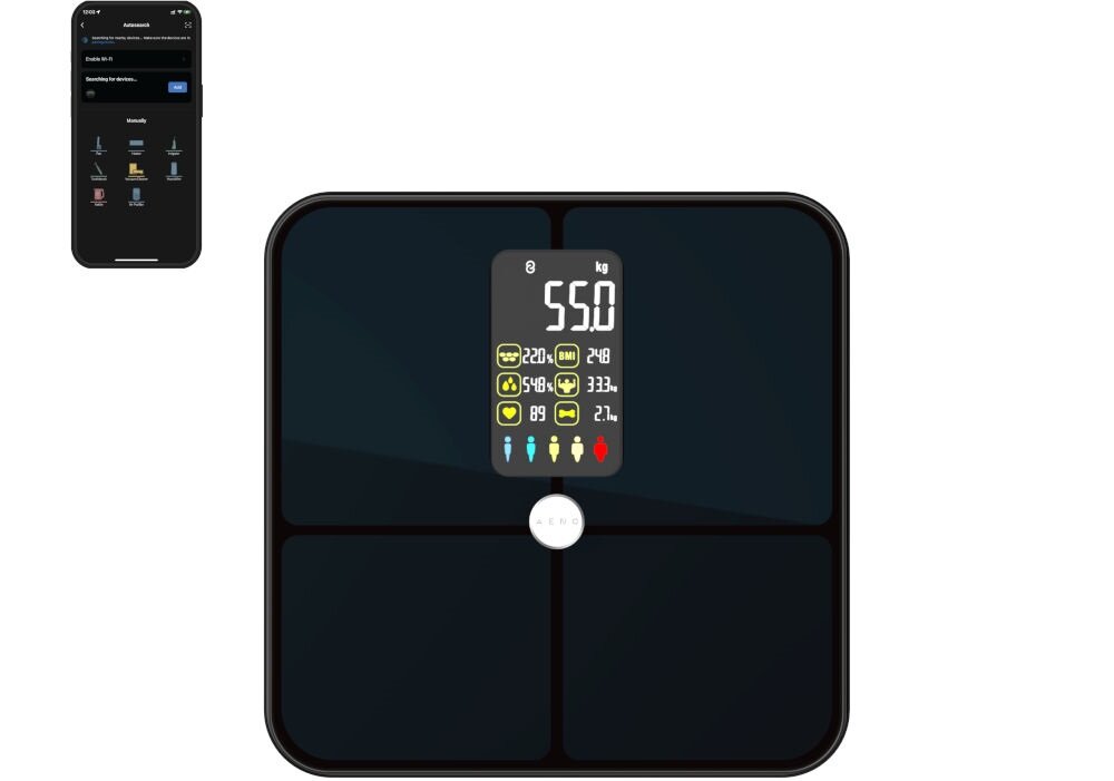 Waga łazienkowa AENO ABS0002S Aplikacja AENO Android i iOS kontrola nad zdrowiem i kondycją synchronizacja danych skład ciała dostęp do cennych informacji intuicyjny interfejs monitorowanie postępów ustalanie celów śledzenia wskaźników zdrowotnych wymiary 280 x 280 mm zasilanie trzema bateriami AAA automatyczne włączenie po wejściu wyłączenie po 15 sekundach wygoda oszczędność energii