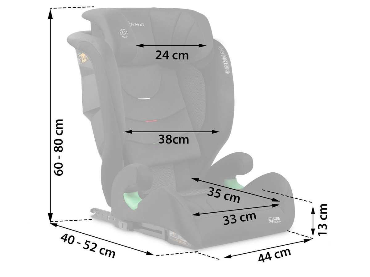 NUKIDO Louis Soft i-Size dzieci o wzroście od 100 do 150 cm wiekowi od 4 do 12 lat homologację ECE R129 i-Size zdjęcia i uprania tapicerki - wymiary fotelika