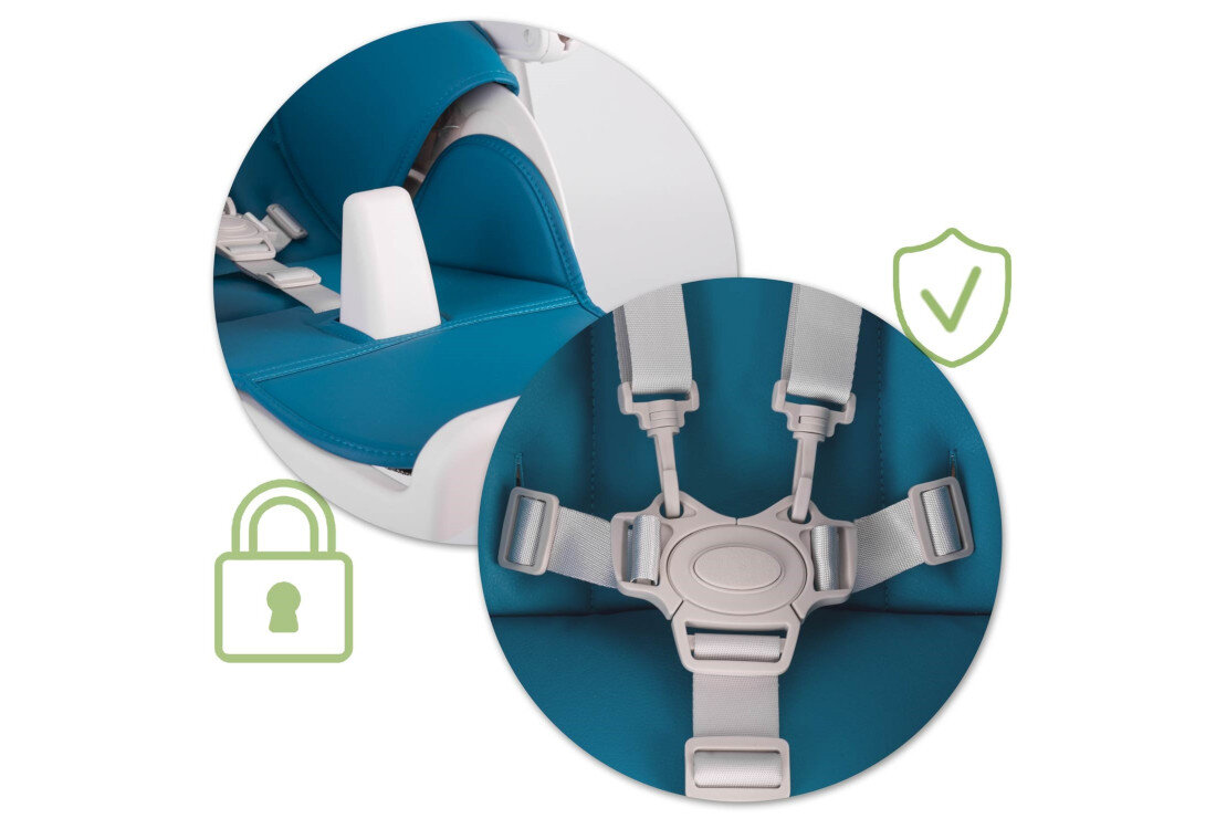 Krzesełko do karmienia NUKIDO Belo Ciemnoniebieski Stabilność w każdej chwili Pięciopunktowe pasy bezpieczeństwa wygodne miejsce