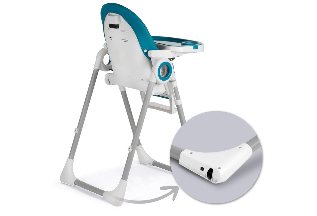 Krzesełko do karmienia NUKIDO Belo Ciemnoniebieski Mobilność bez wysiłku Kółka w tylnych nogach ułatwienie przenoszenie Jednym ruchem złożysz krzesełko