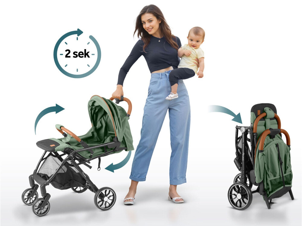 Wózek spacerowy NUKIDO Paseo Zielony Składanie bez wysiłku złożyć jedną ręką w zaledwie 2 sekundy duże ułatwienie zajmuje niewiele miejsca przechowywanie i transport
