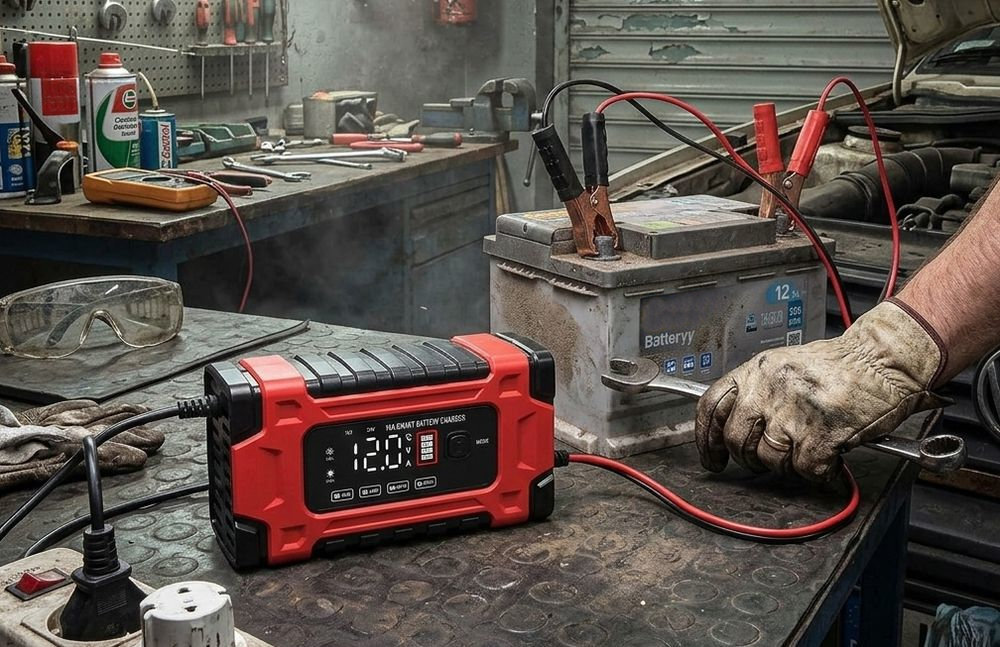 Prostownik EXTRALINK - prostownik podłączony do akumulatora na warsztacie