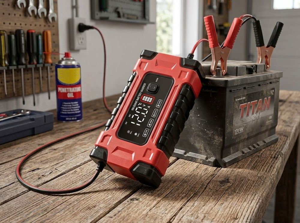 Prostownik EXTRALINK EXTRALINK inteligentny system ładowania napięcie i natężenie do stanu akumulatora 10 A dla akumulatorów 12 V 5 A dla instalacji 24 V - prostownik podłączony do akumulatora na stole