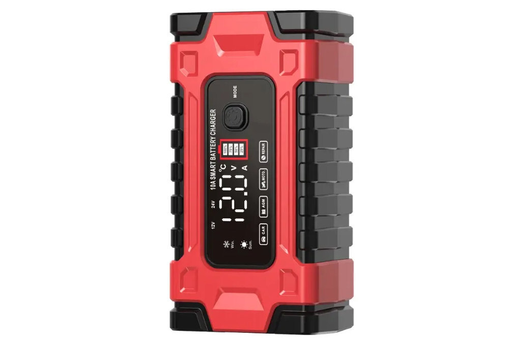 Prostownik EXTRALINK Wbudowany wyświetlacz LCD poziom napięcia, natężenie prądu oraz aktualny etap ładowania akumulatora Czytelny ekran - prostownik na białym tle pionowo