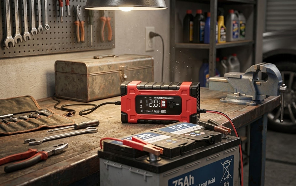 Prostownik EXTRALINK kompaktową obudowę 16 × 10 × 6,5 cm garażu, warsztacie bagażniku samochodu - prostownik na stole