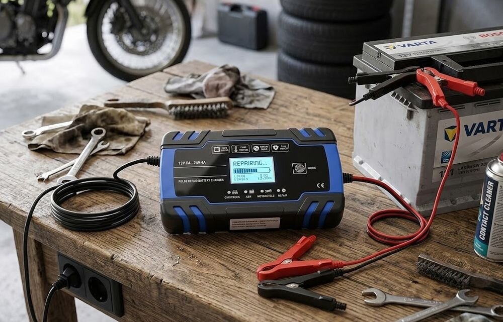 Prostownik EXTRALINK - prostownik podłączony do akumulatora na warsztacie