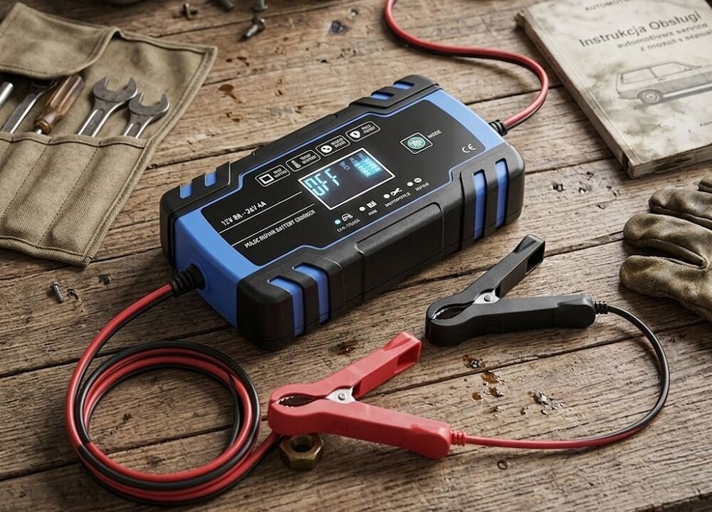 Prostownik EXTRALINK EXTRALINK inteligentny system ładowania napięcie i natężenie do stanu akumulatora 8 A dla akumulatorów 12 V 4 A dla instalacji 24 V - prostownik podłączony do akumulatora na stole