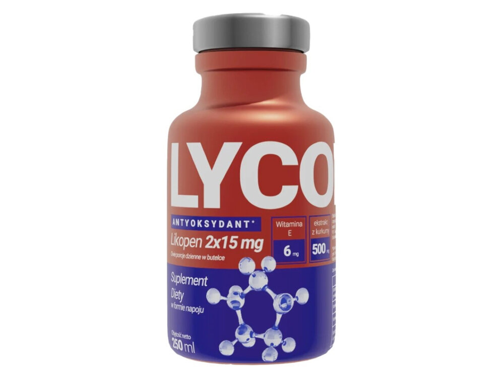 Napój LYCOPEN Antyoxidant Drink Witamina E + Kurkuma 15 x 250 ml jedna buteleczka na białym tle dla osób żyjących w stresie aktywnych fizycznie narażonych na działania zanieczyszczonego powietrza i promieniowania UV dla sportowców osób pracujących w trudnych warunkach środowiskowych dla osób dbających o zdrowie energię odporność 15 butelek o pojemności 250 ml każda zalecane spożycie minimum 100 ml dziennie wstrząsnąć przed spożyciem gotowy napój