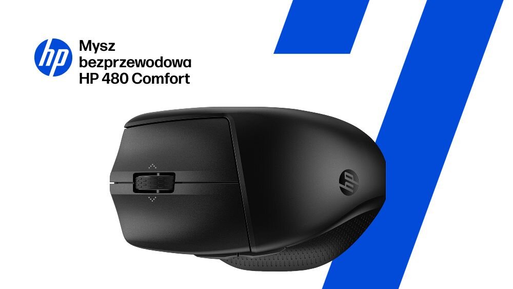 HP 480 Comfort - Bezprzewodowa mysz HP 480 Comfort na białym tle z niebieskim, dynamicznym elementem graficznym oraz logiem HP i napisem