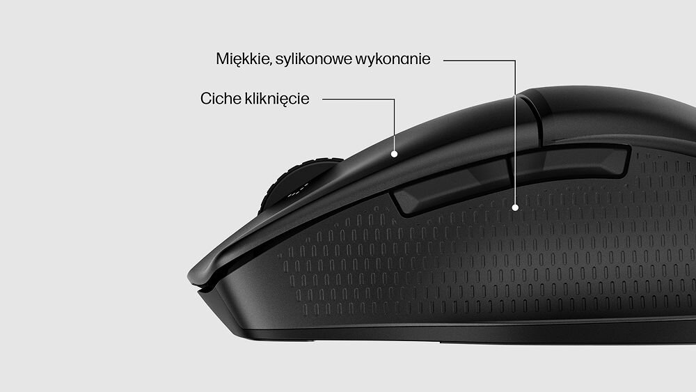 HP 480 Comfort HP 480 Comfort naturalnej pozycji ręki obudowie o wygodnym kształcie - Mysz komputerowa z zaznaczonymi funkcjami cichego klikania oraz wykończenia bocznego panelu z miękkiego silikonu.