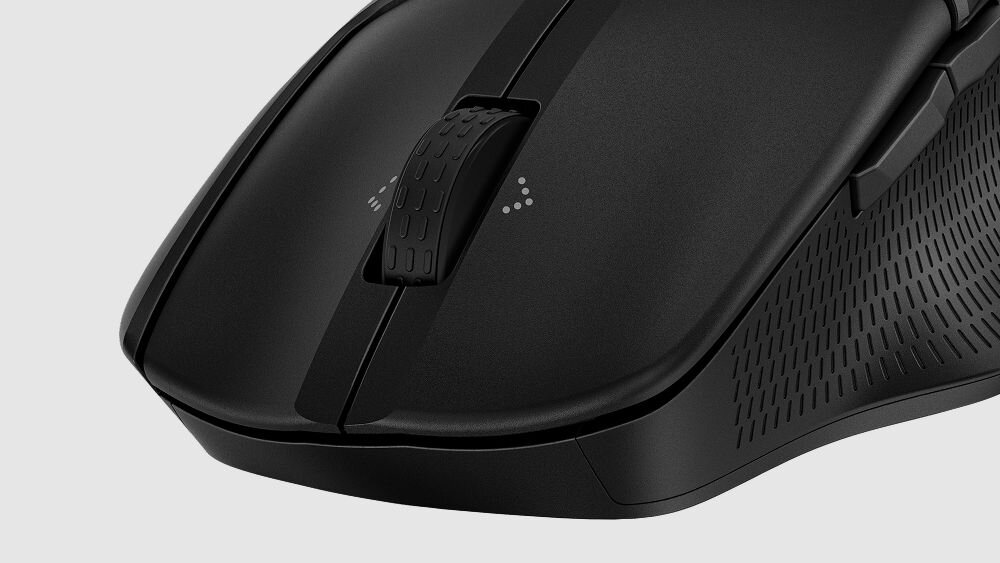 HP 480 Comfort dokumentami, arkuszami kalkulacyjnymi i stronami internetowymi HP 480 Comfort szybkie kółko przewijania przewijania pionowego i poziomego - Zbliżenie na górną część myszy komputerowej z widoczną rolką przewijania.