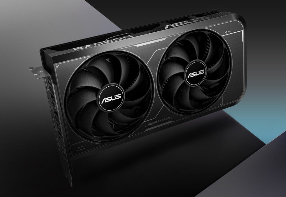 Karta graficzna ASUS Dual Radeon RX 6600 V3 8GB Karta graficzna z dwoma wentylatorami osadzona na czarnym tle z metalicznymi akcentami i logotypem producenta, opis