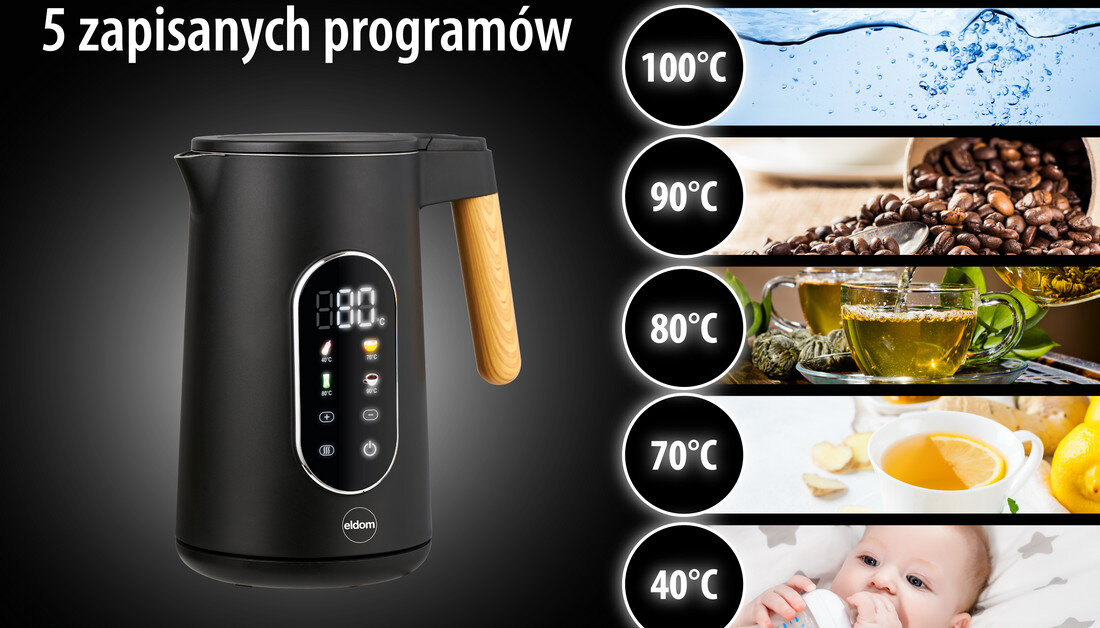 Czajnik ELDOM C550 Wald z regulacją temperatury zdjęcie lifestyle Dopasowana temperatura 13 poziomów ustawienia temperatury do herbaty, kawy czy naparów ziołowych