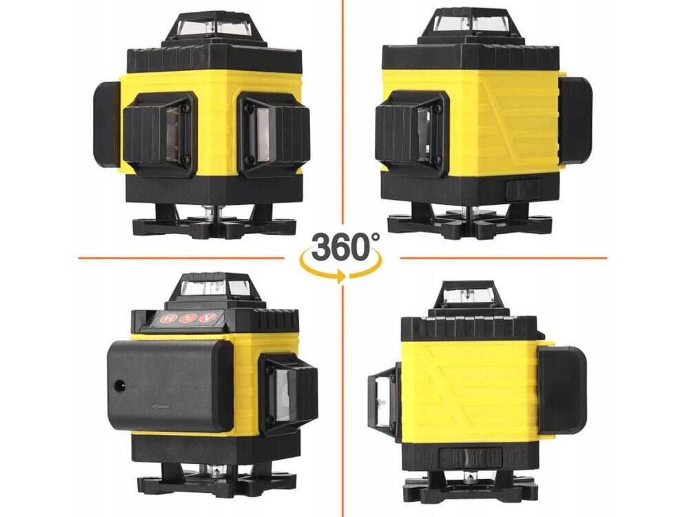 Poziomica laserowa EXTRALINK EX.21250, 4D, zielone, linie, zasięg, na białym tle poziomica wraz opcją 360 stopni