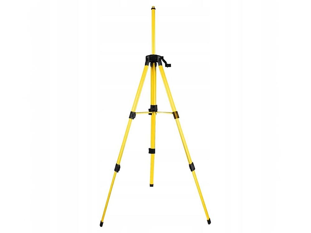 Statyw do poziomicy EXTRALINK EX.21267, wysokość, teleskopowe, zatrzaski, gwint, na białym tle w pełni rozstawiony statyw